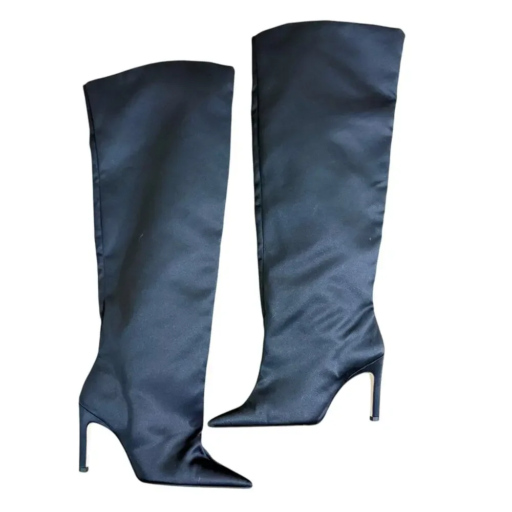 Good American Black Satin Over the Knee Slouchy Stiletto Boots Sz 5.5 Pointy Toe